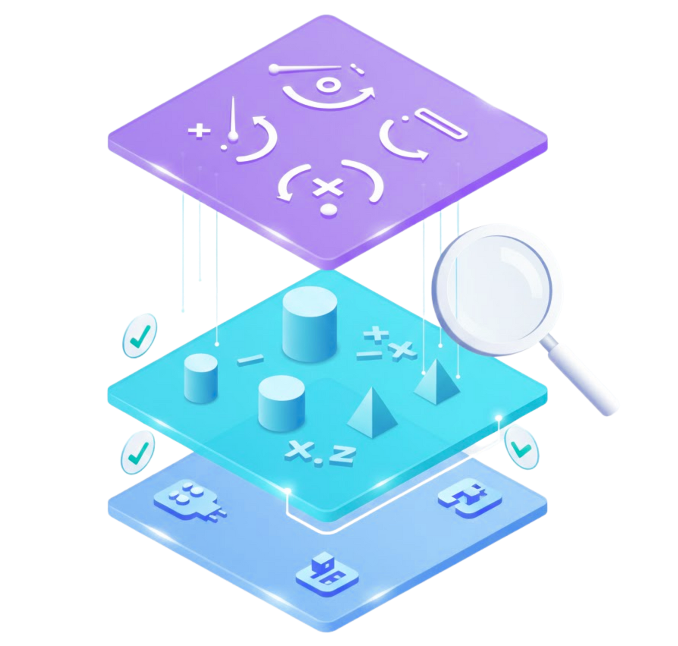 Isometric depiction of a database, API symbol, and a data center in a translucent purple and green box.