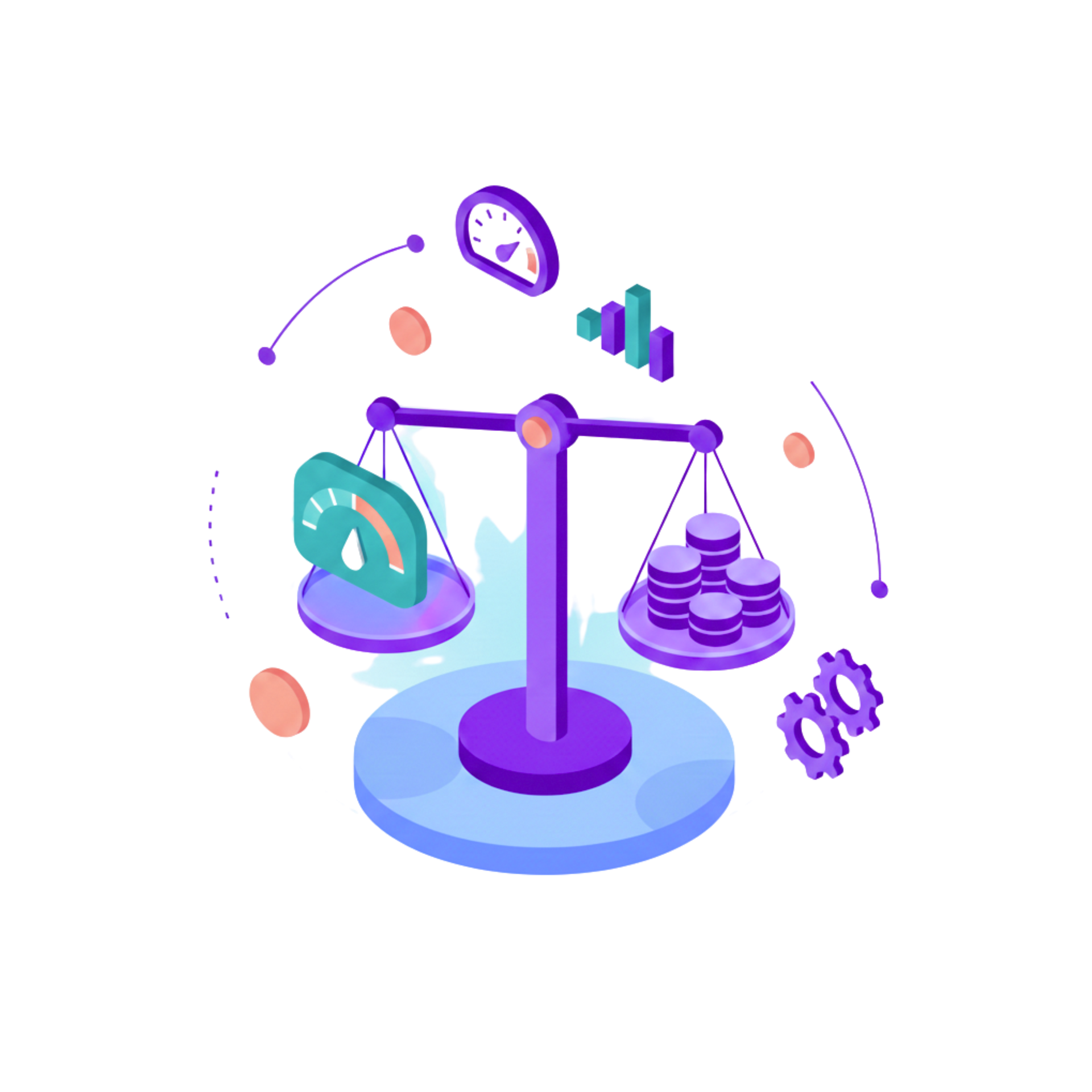 Scales balancing a gauge and stacks of coins, representing investment.