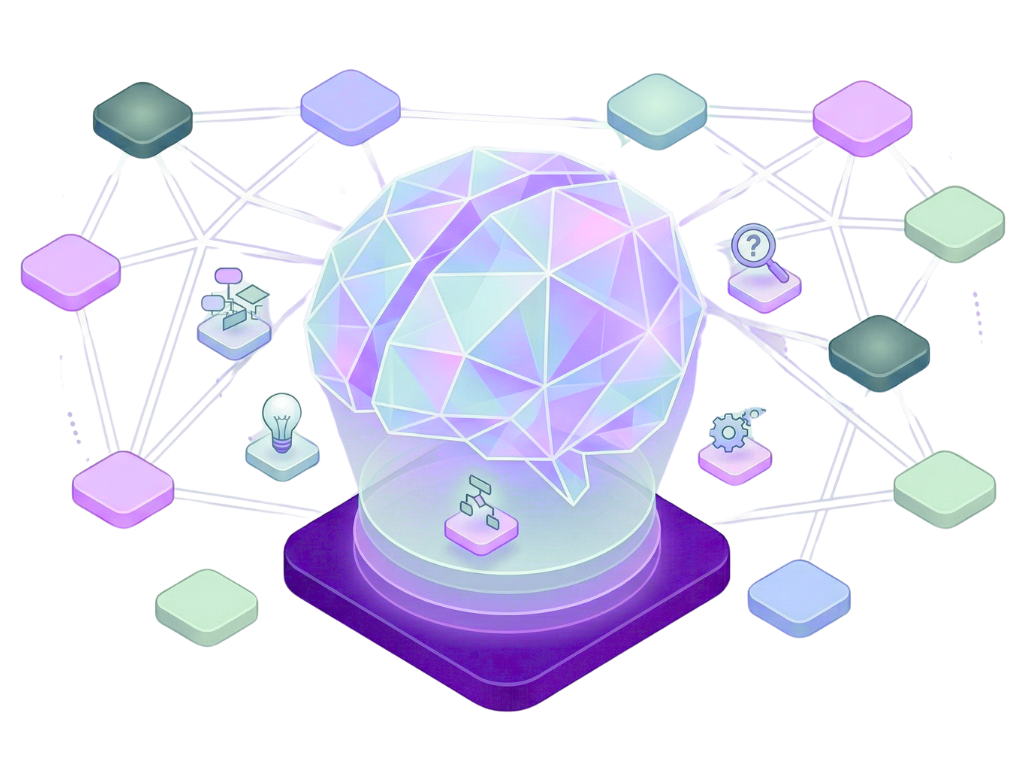 A glowing, low-poly 3D brain inside a glass dome, connected to various colorful nodes by a web of thin white lines.