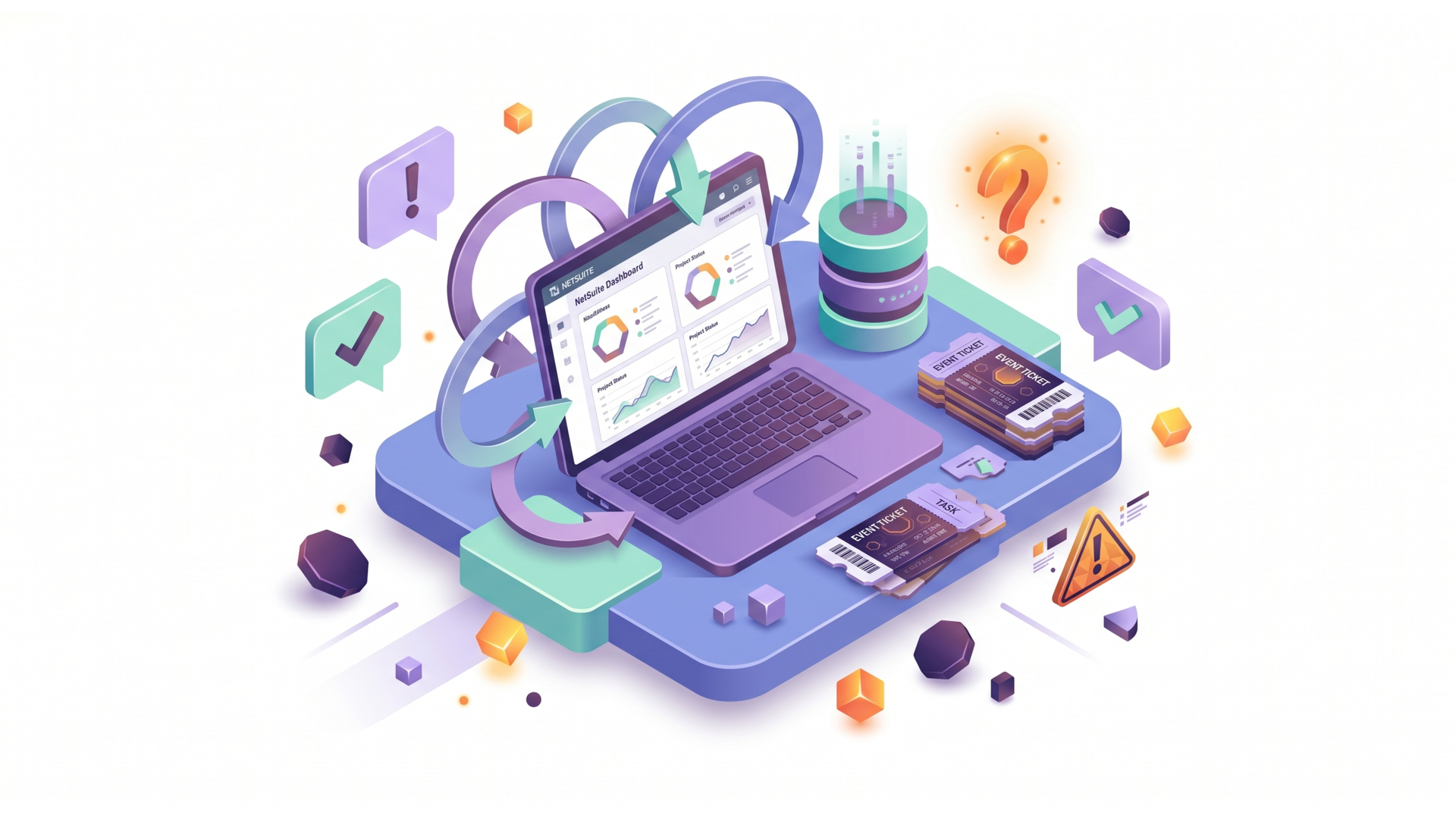 Isometric laptop on cloud-themed digital workspace with charts, app icons, and tech devices in purple tones
