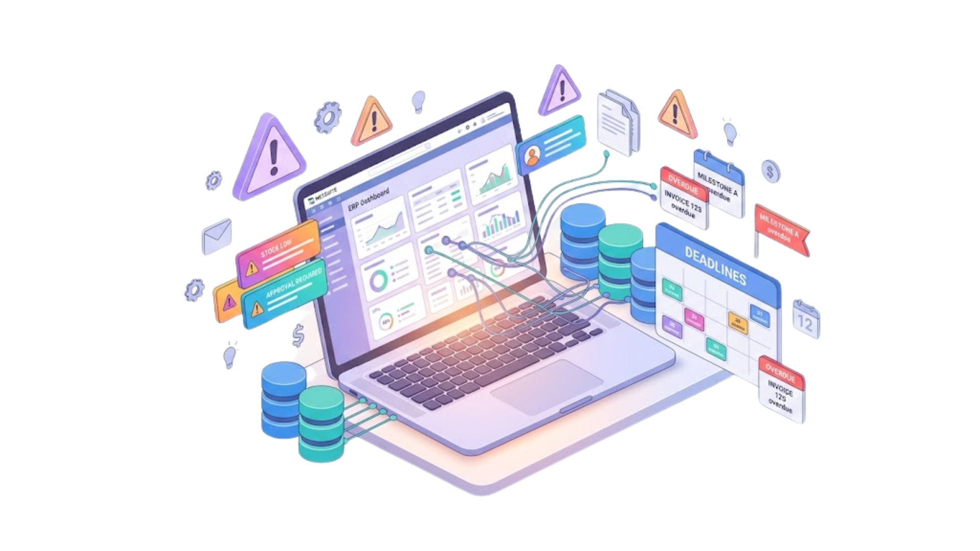 Laptop dashboard with floating analytics charts, warning icons, and data stacks on a white background