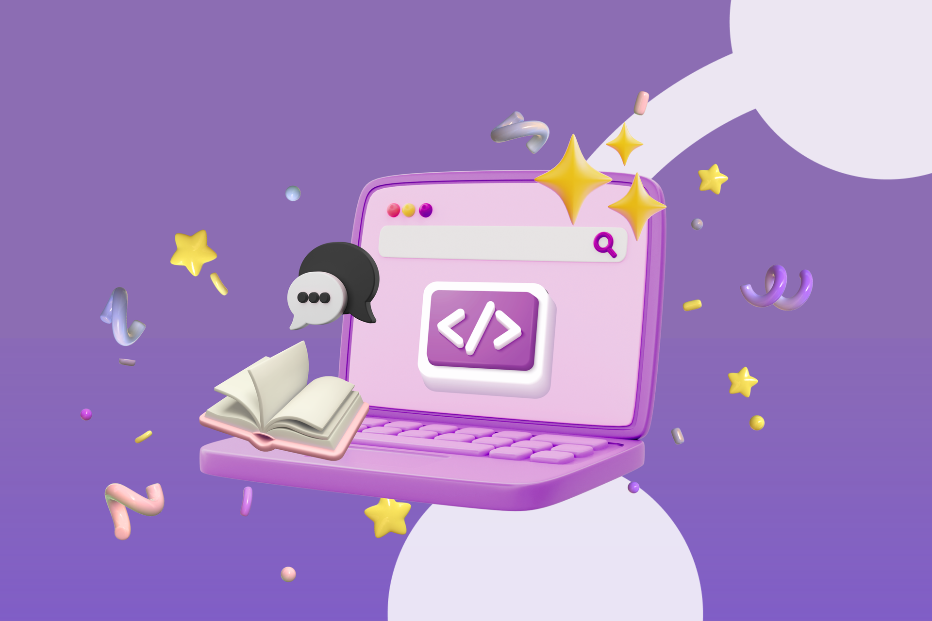 Laptop with code, person reading, purple background with confetti, text: How to Read Legacy Code.