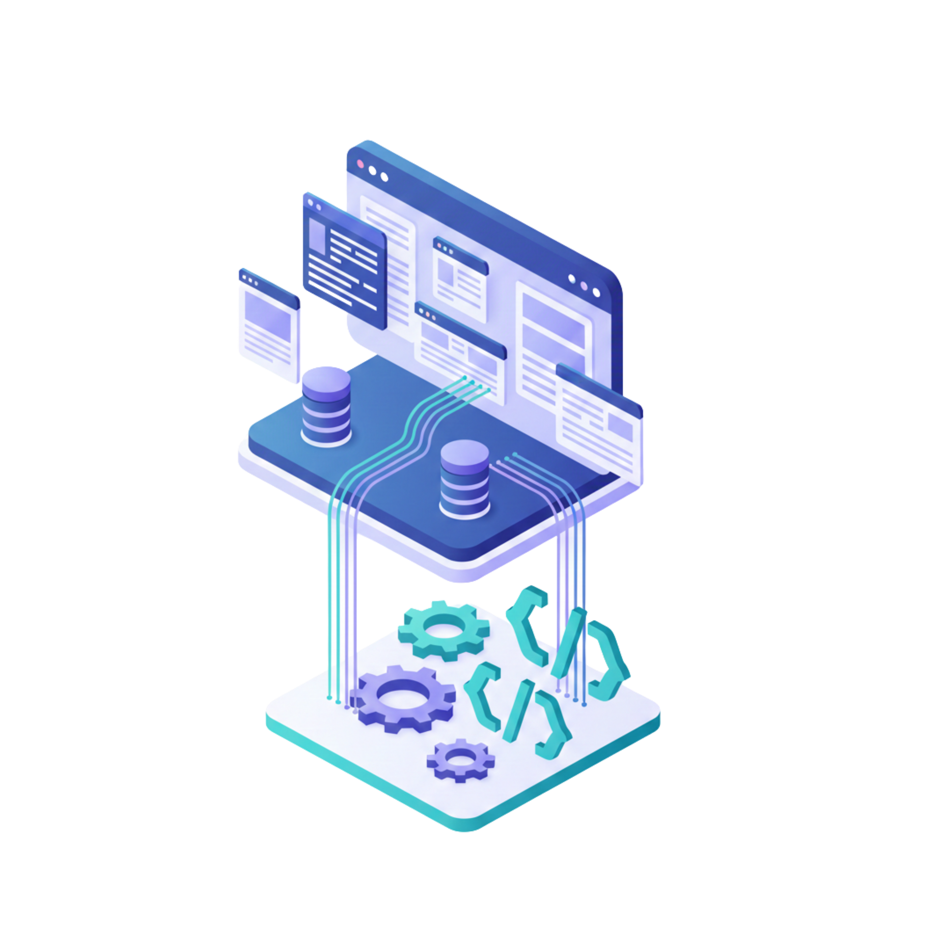 Isometric view of a website with database, gears, and code symbols, showcasing the software development process.