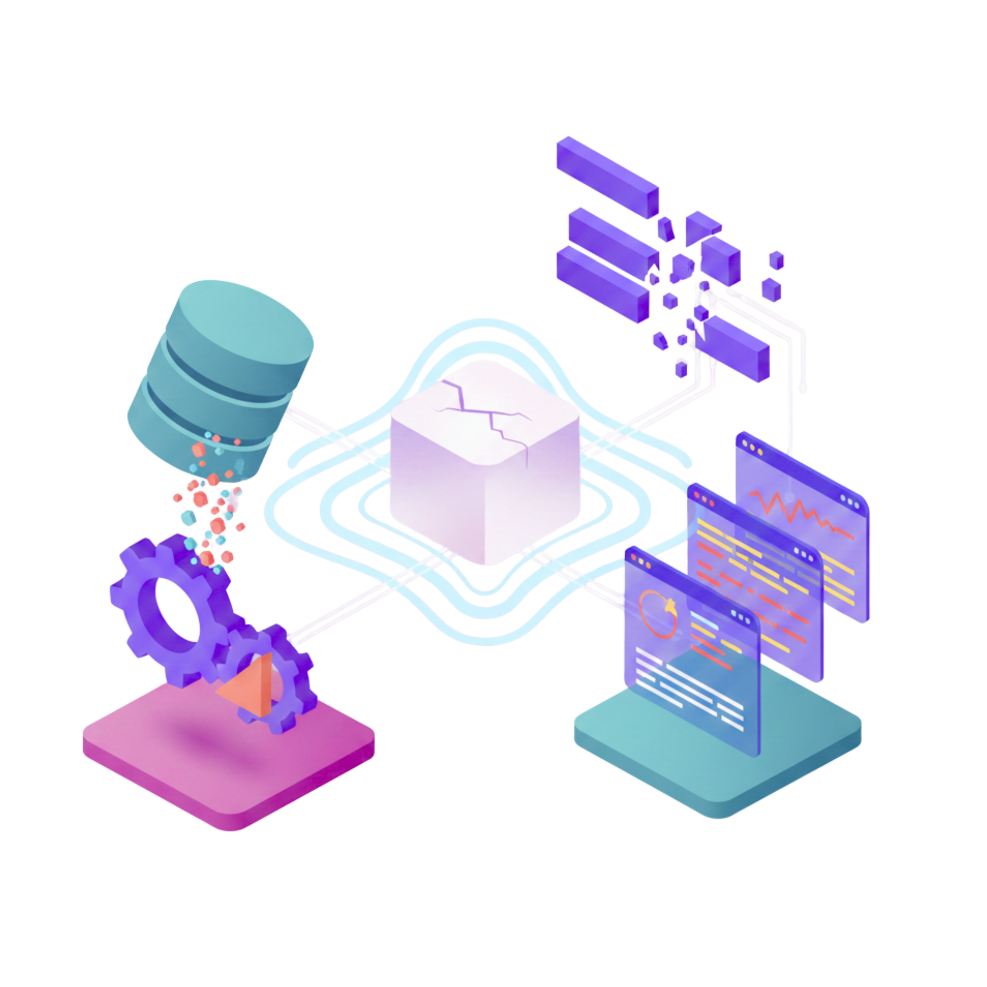 Isometric illustration of data processing: gears, database, charts, code windows, and a central cracked cube.