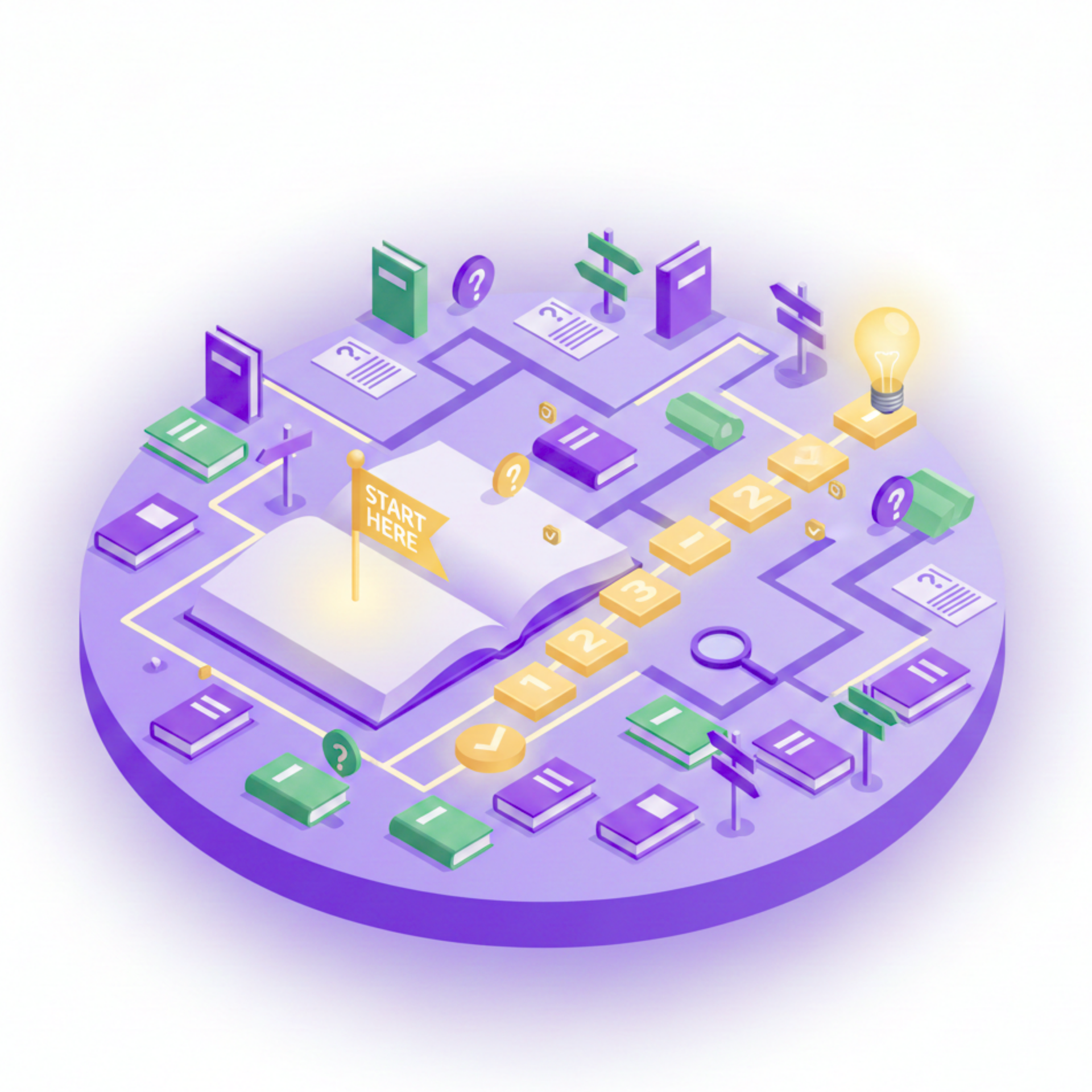 Isometric illustration of a book with a path, representing a learning journey with books, signs, and a lightbulb.