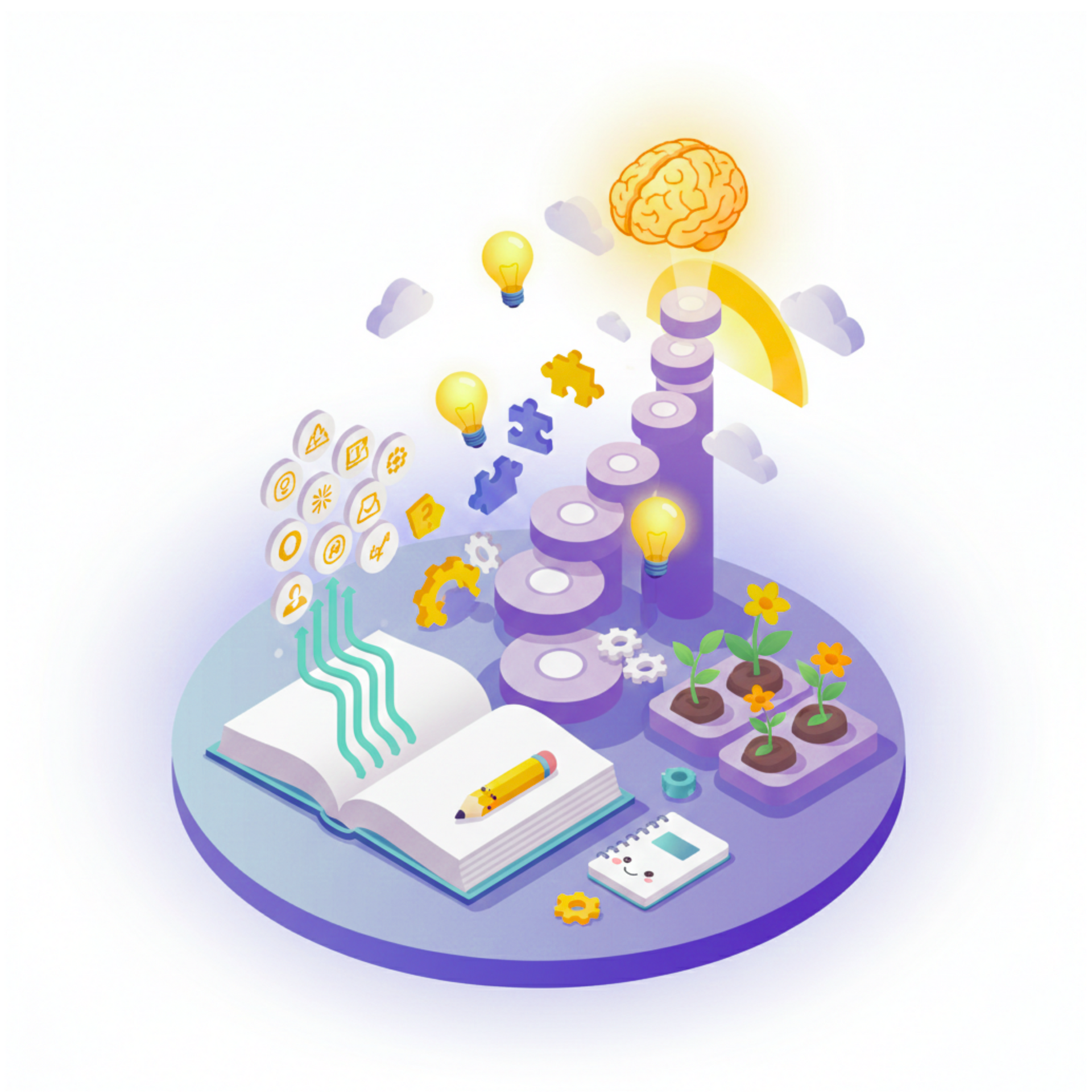 Open book with ideas flowing to a brain; steps, lightbulbs, puzzle pieces, plants, and icons on a circular platform.