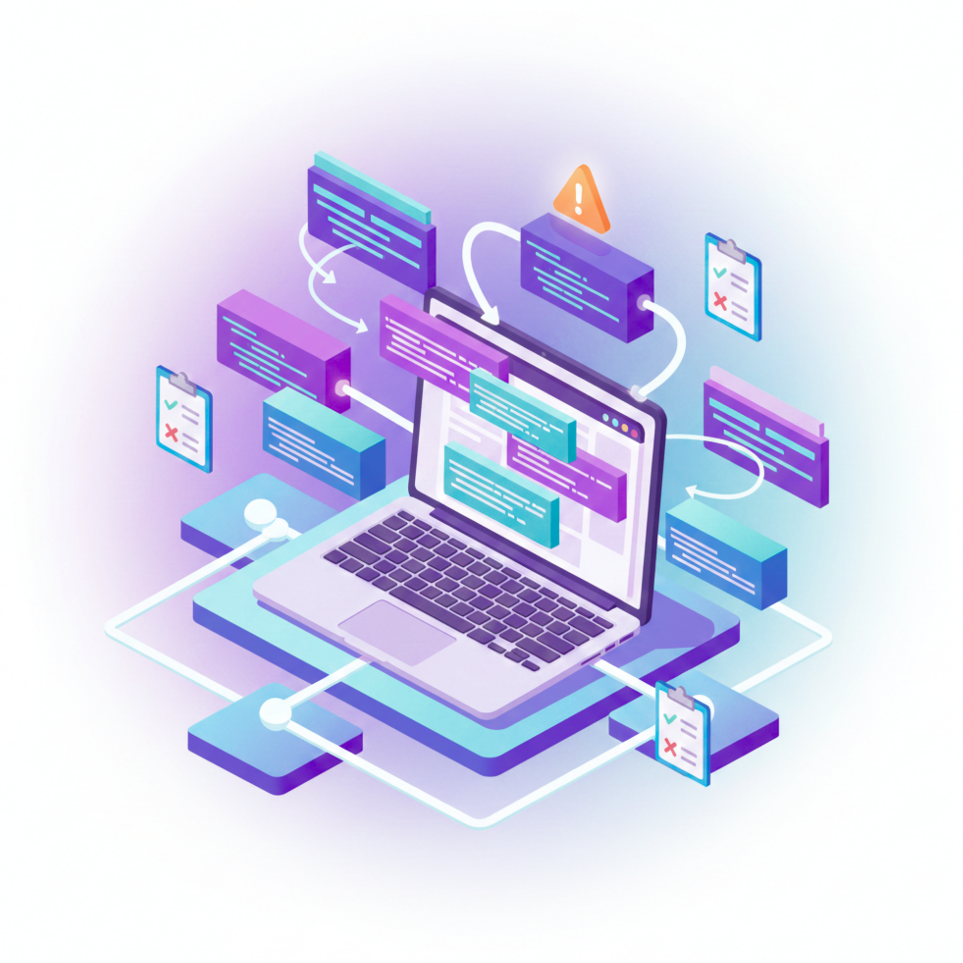 Isometric laptop surrounded by code blocks, checklists, and warning icon. White and purple with connected lines.