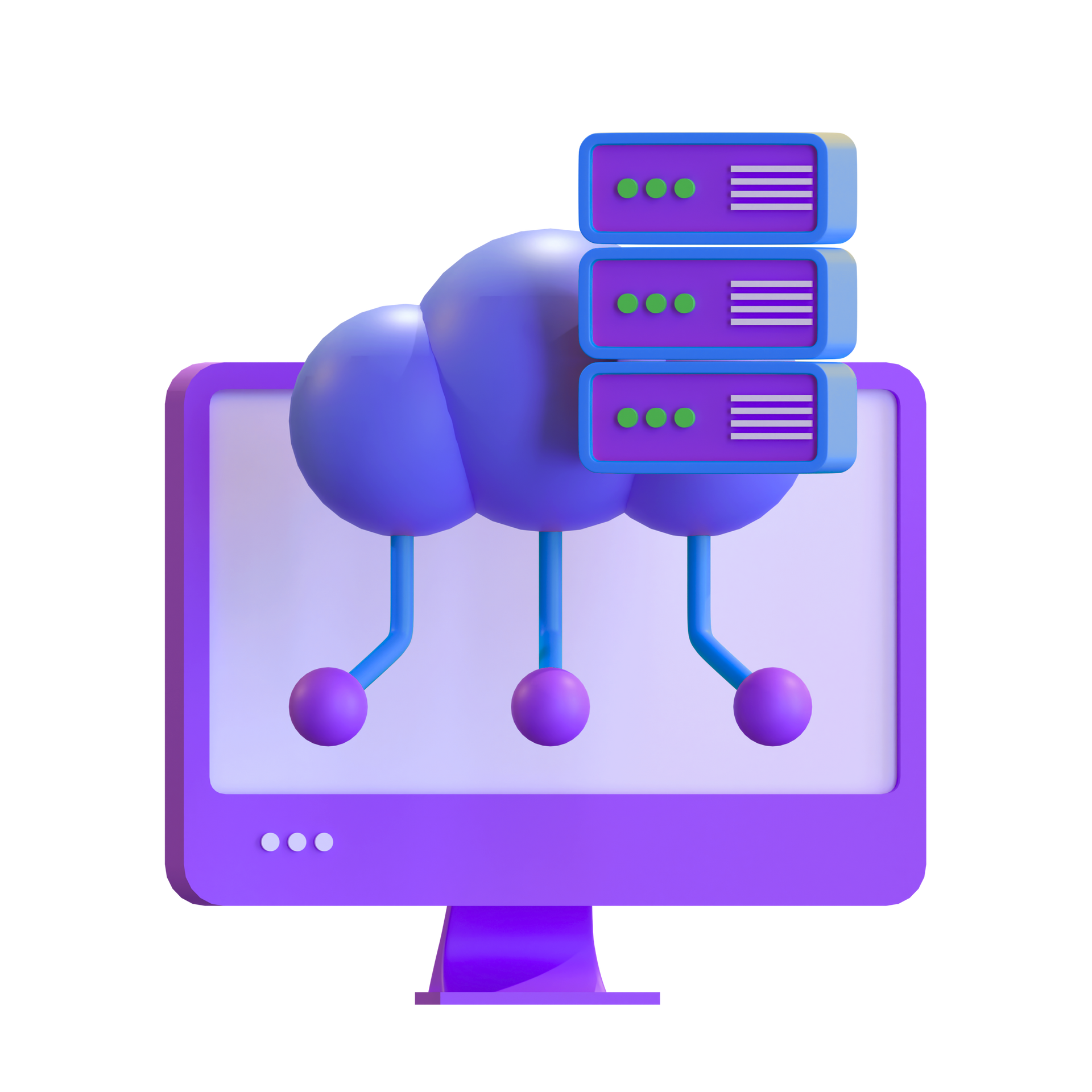 Purple computer monitor with cloud and server stacks, representing cloud computing.