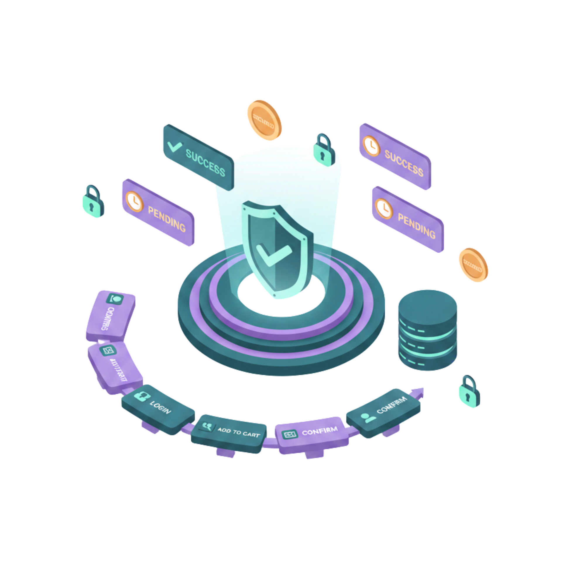 Isometric illustration of a shield with a checkmark, surrounded by locked padlocks and transaction statuses.