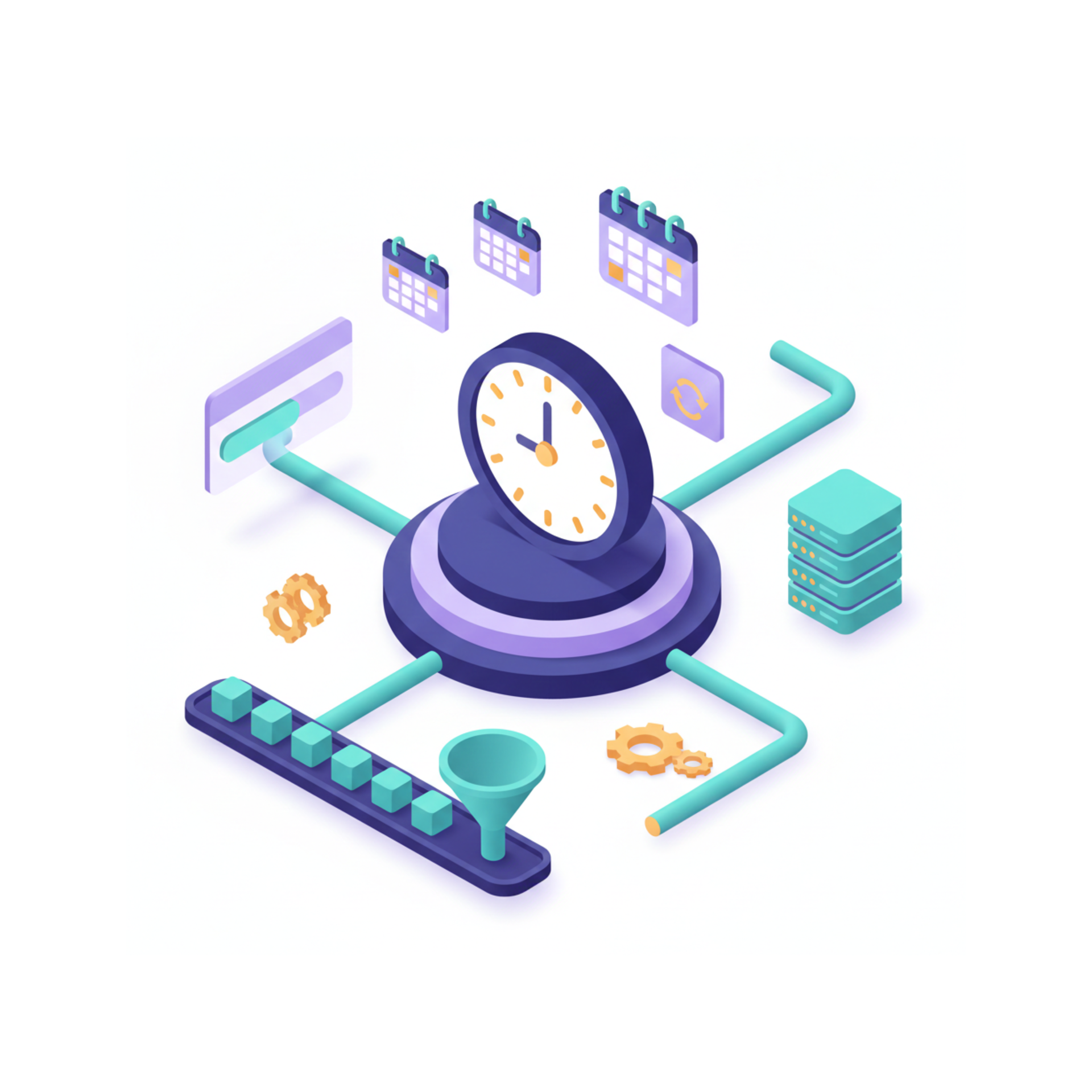 Isometric illustration of a clock, connected to calendars, data servers, and other workflow elements.