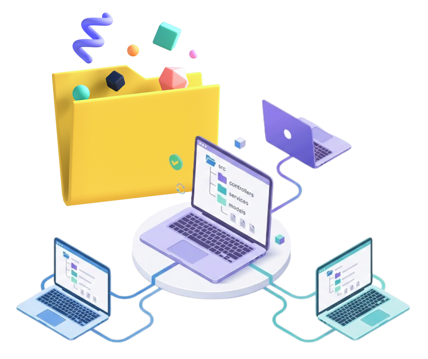 Laptops connected to a central server, symbolizing data sharing and file organization. Yellow folder with floating 3D shapes.