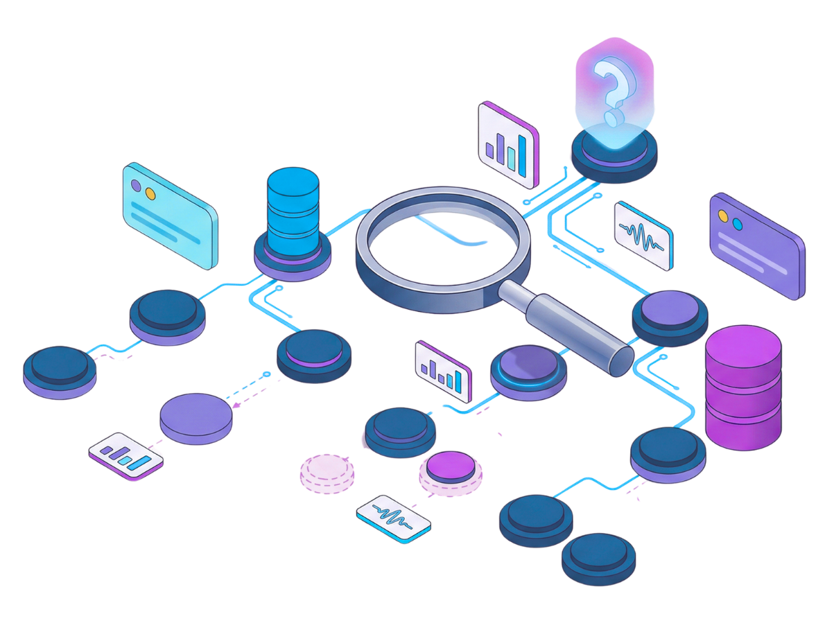 An isometric digital illustration featuring a magnifying glass, database icons, data charts, and connecting network lines.