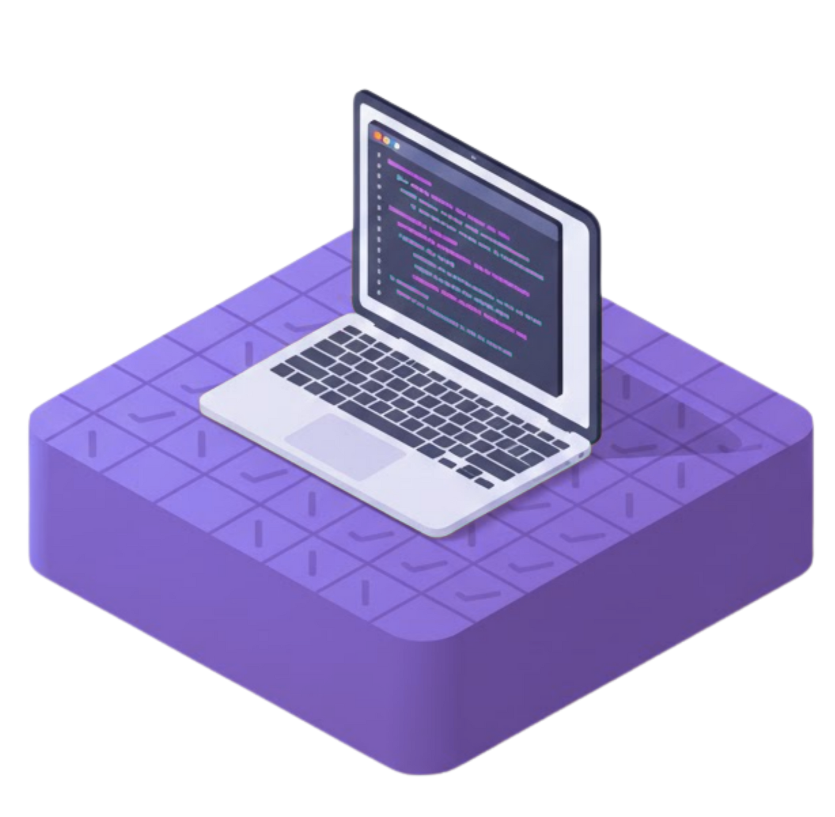 Isometric depiction of a database, API symbol, and a data center in a translucent purple and green box.