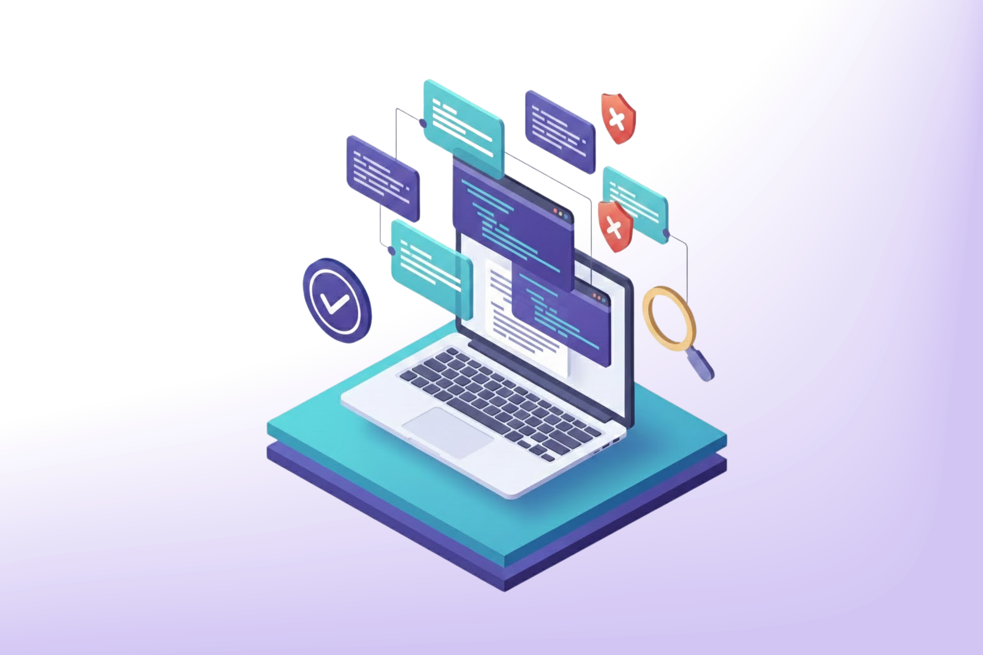 Laptop with coding interface, connected to data bubbles and magnifying glass, surrounded by checkmarks and shields.