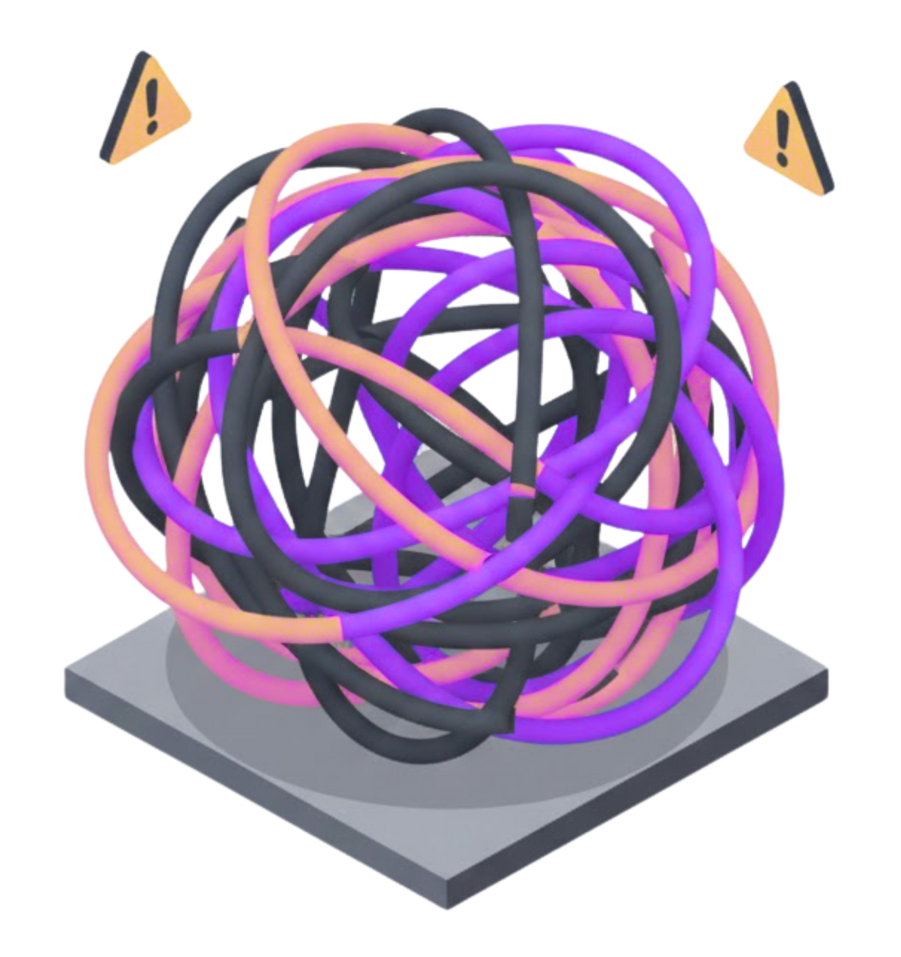 Tangled multicolored wires in a ball shape on a gray platform, with yellow warning signs.