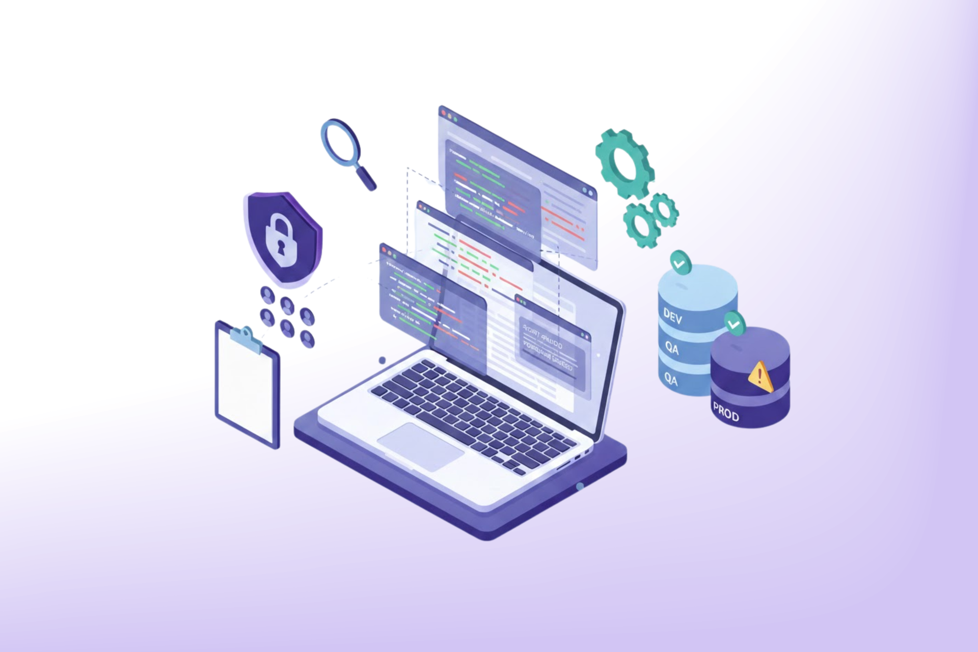 Laptop with digital icons: security lock, magnifying glass, gears, database, and a smartphone. 