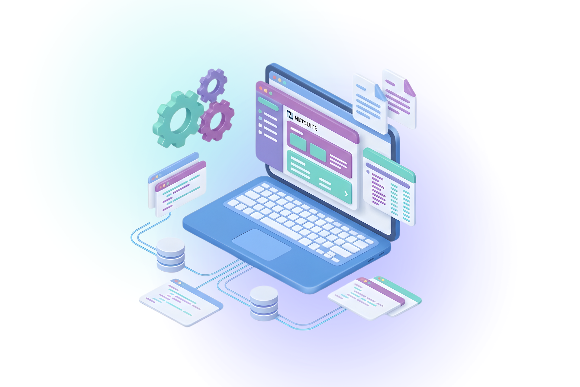 Isometric laptop with coding interface, gears, and data connections in a gradient blue and purple.