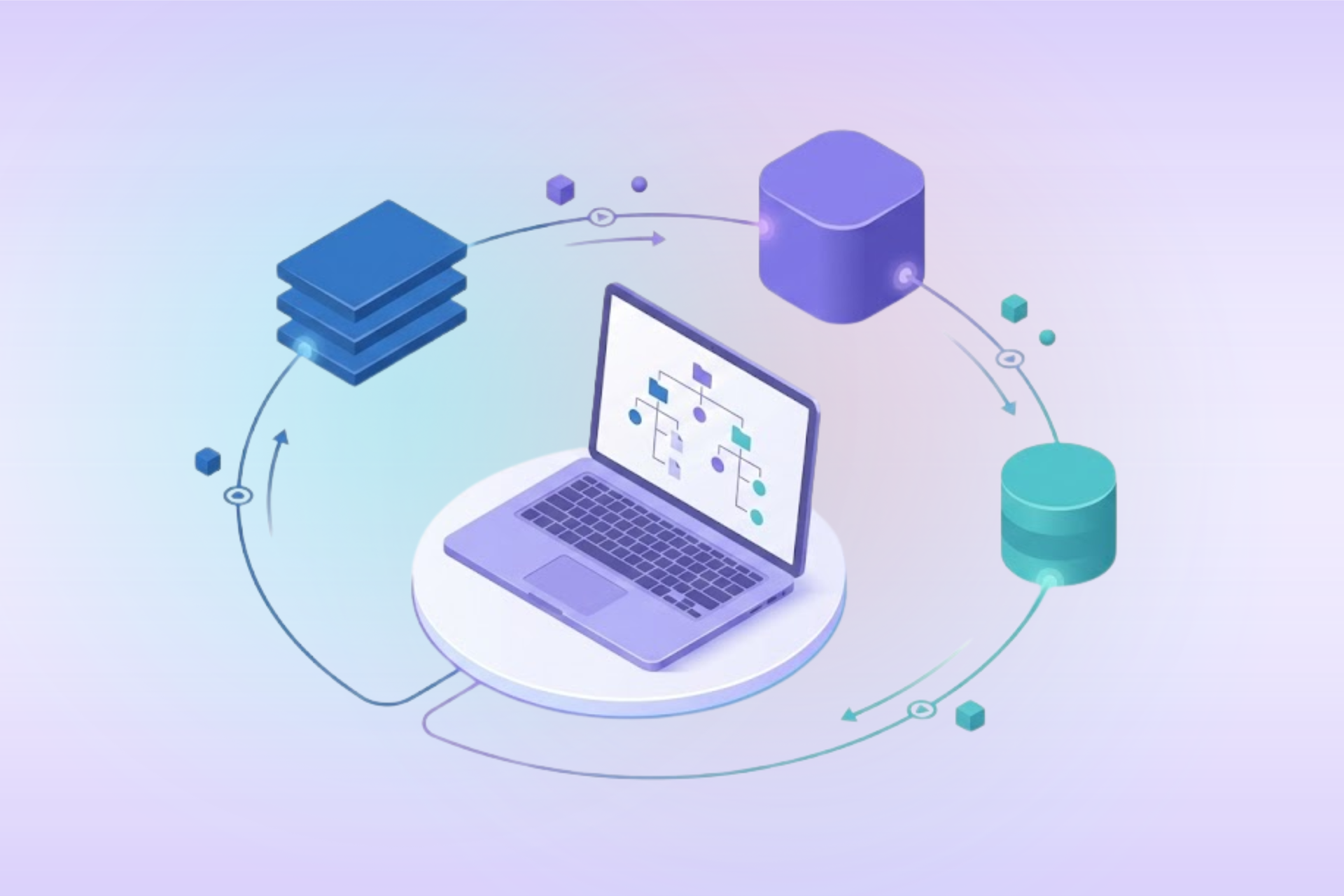 Laptop with database icons, data flow depicted via circular arrows. Blue, purple, and green.