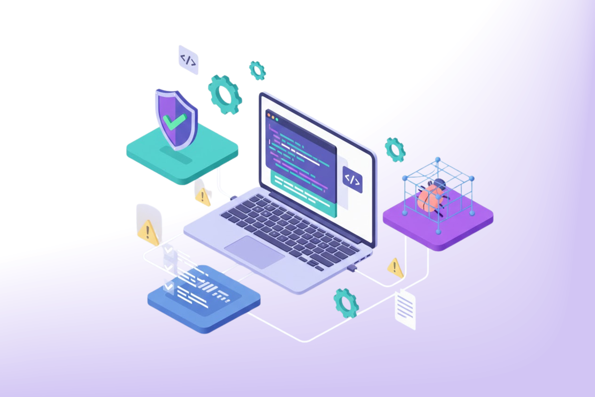 Isometric depiction of a database, API symbol, and a data center in a translucent purple and green box.
