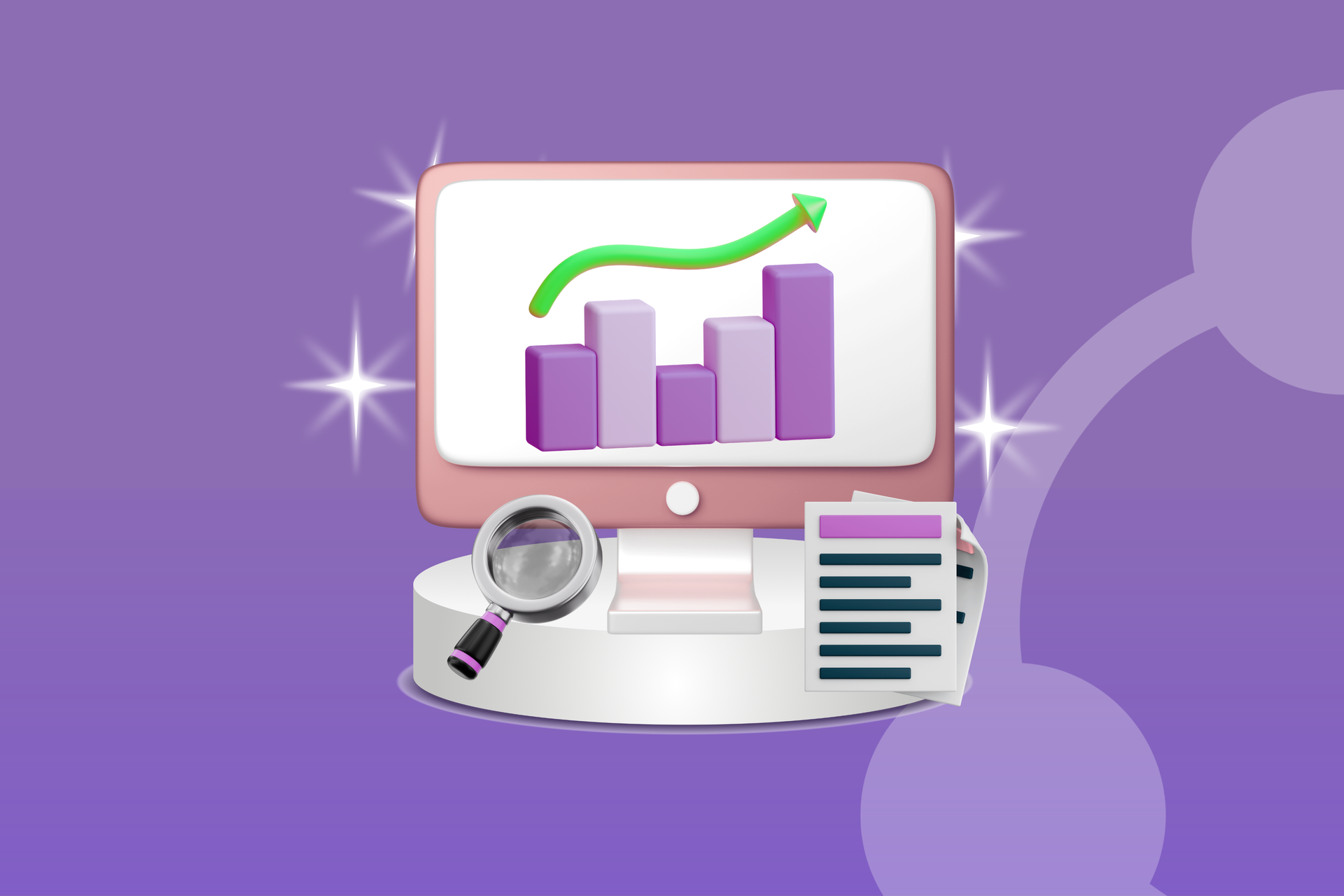 Computer with a rising bar graph, magnifying glass, and document on a purple background, indicating data analysis.
