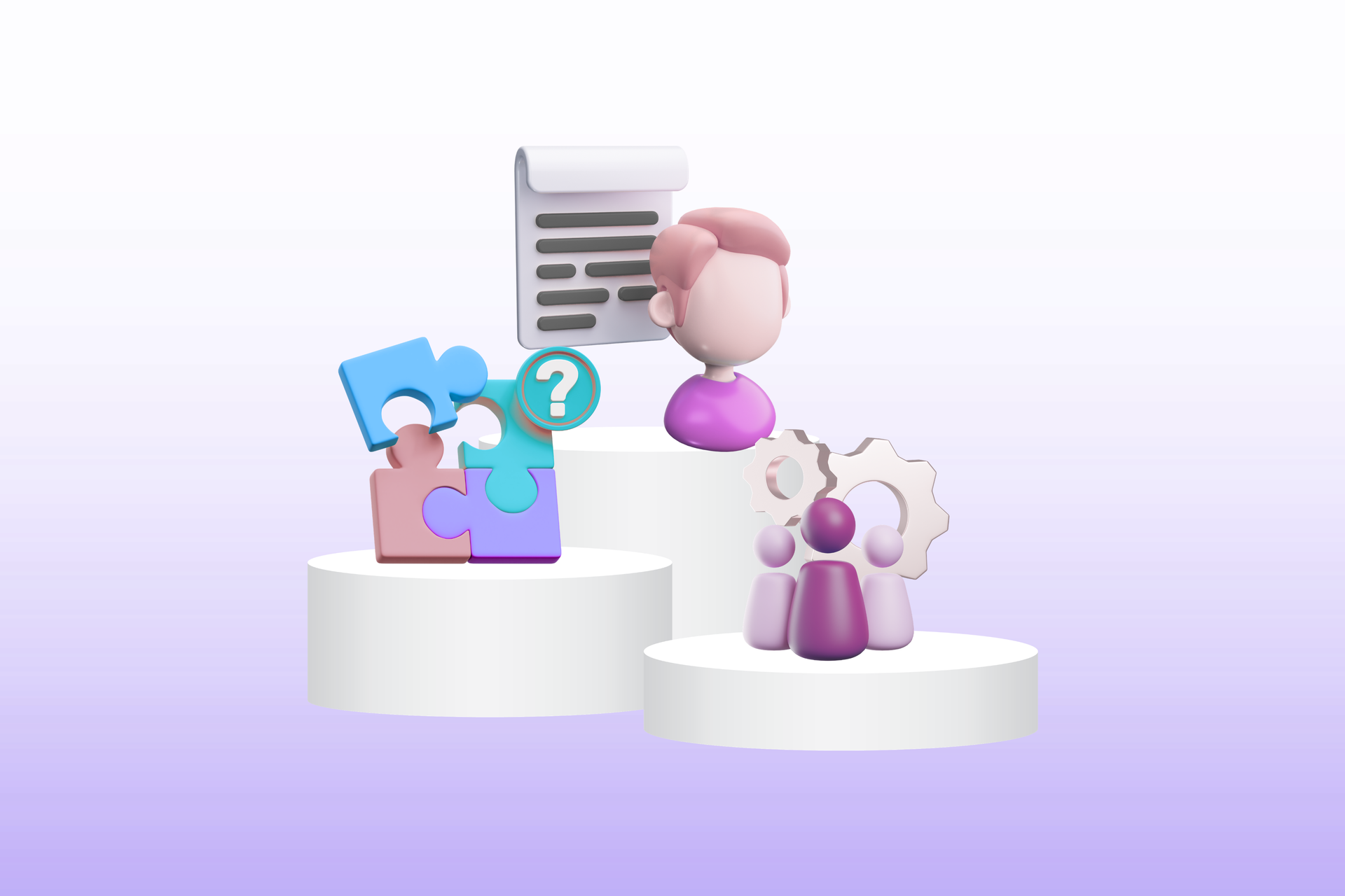 3D illustration of a team collaborating on solutions: puzzle, person with document, and gears.