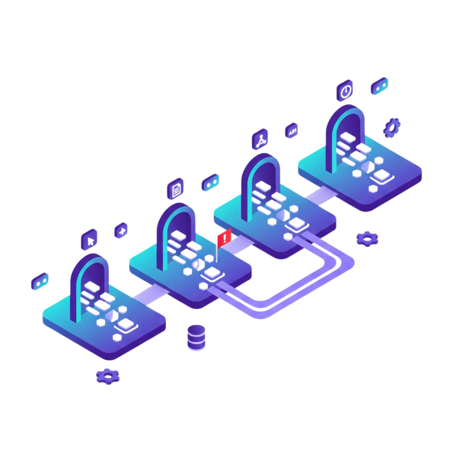 Isometric view of four interconnected data servers with glowing blue interfaces and various icons.
