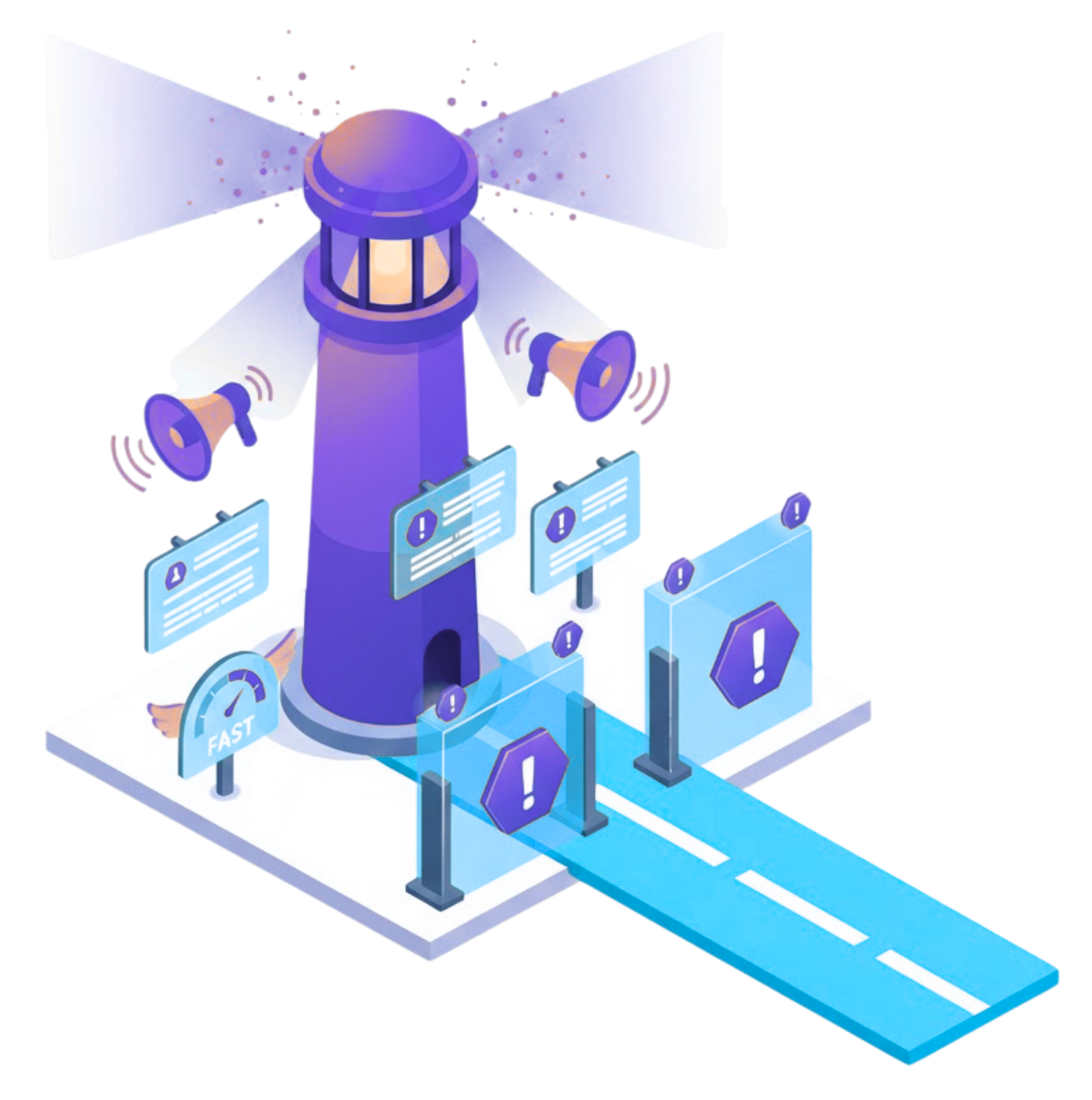 Isometric depiction of a database, API symbol, and a data center in a translucent purple and green box.