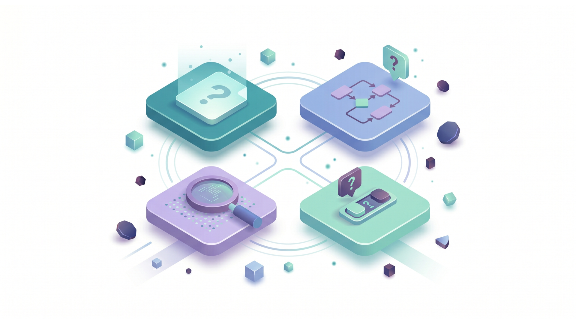 Abstract isometric tech icons in teal, purple, and green, connected by lines on a white background