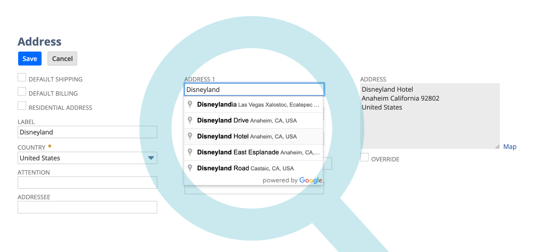 A search box showing a list of addresses, with the word 