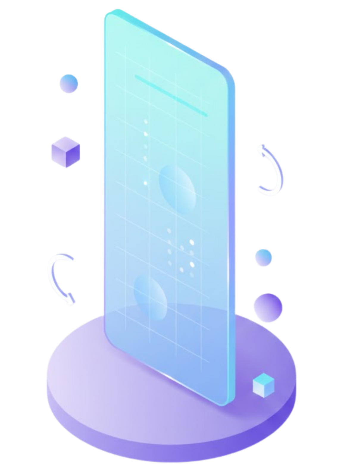 Isometric view of a holographic phone on a purple platform with floating geometric shapes and gradients.