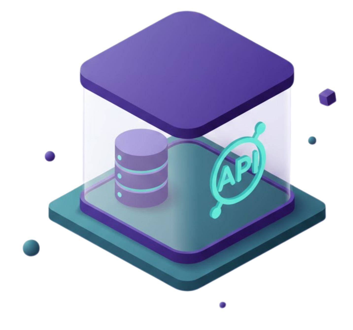 Isometric depiction of a database, API symbol, and a data center in a translucent purple and green box.
