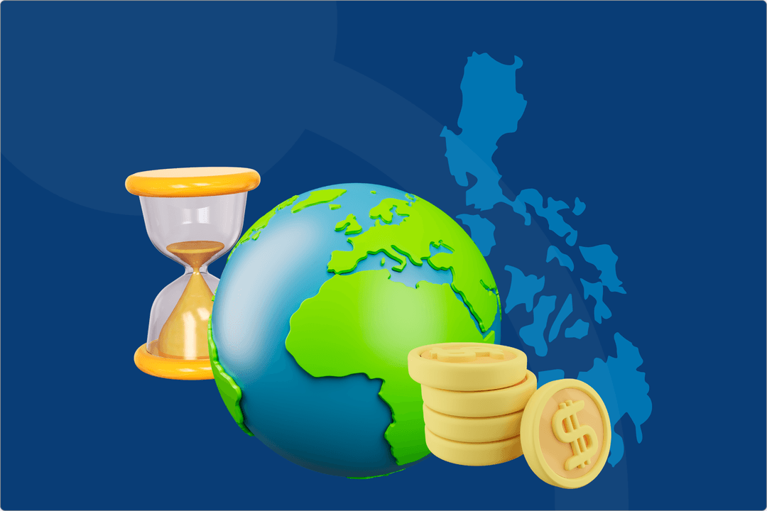 Graphic promoting outsourcing NetSuite staffing to the Philippines, with globe, hourglass, coins, and text on a blue background.