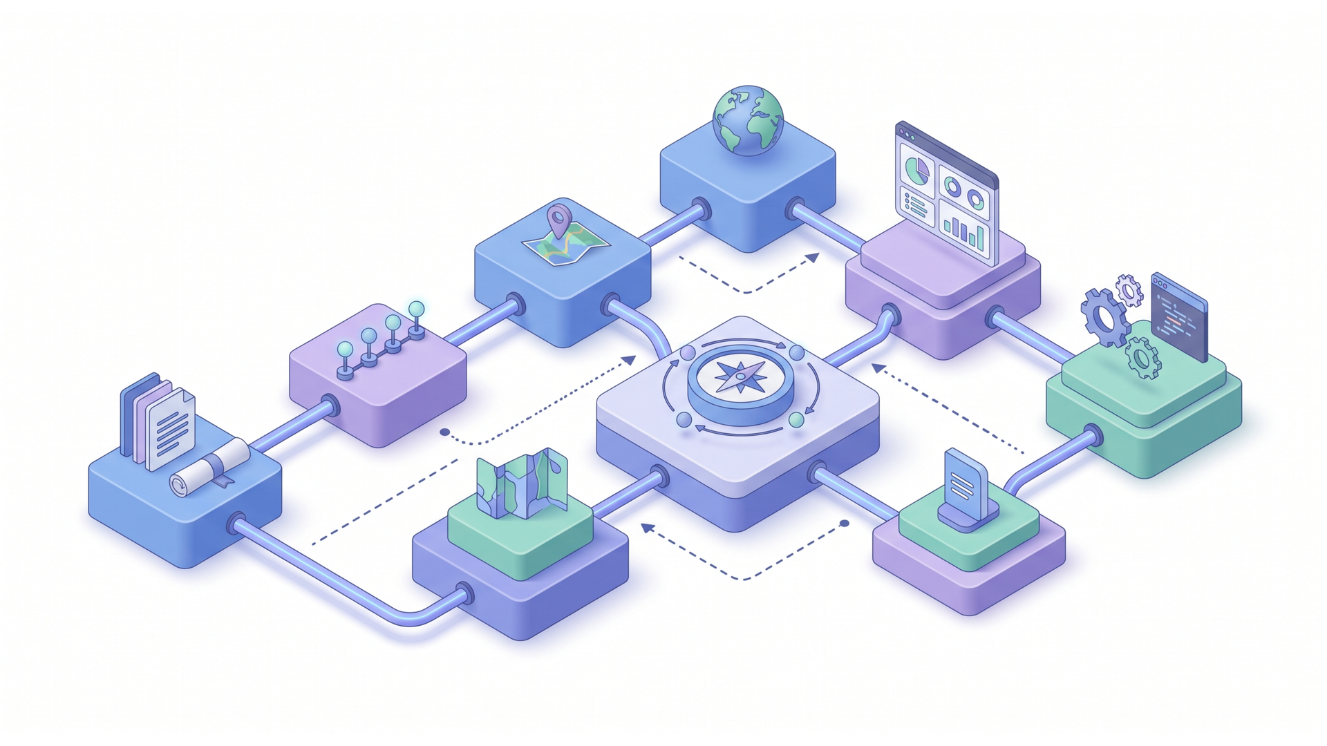 How This Connects to What Came Before An isometric illustration showing a divided platform with pipes and data icons, representing integrated tech systems.