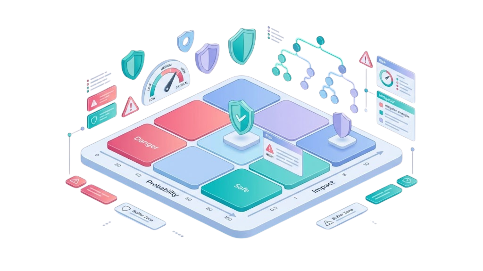 Isometric cybersecurity dashboard with shield icon, cloud data flow, and colorful analytics panels