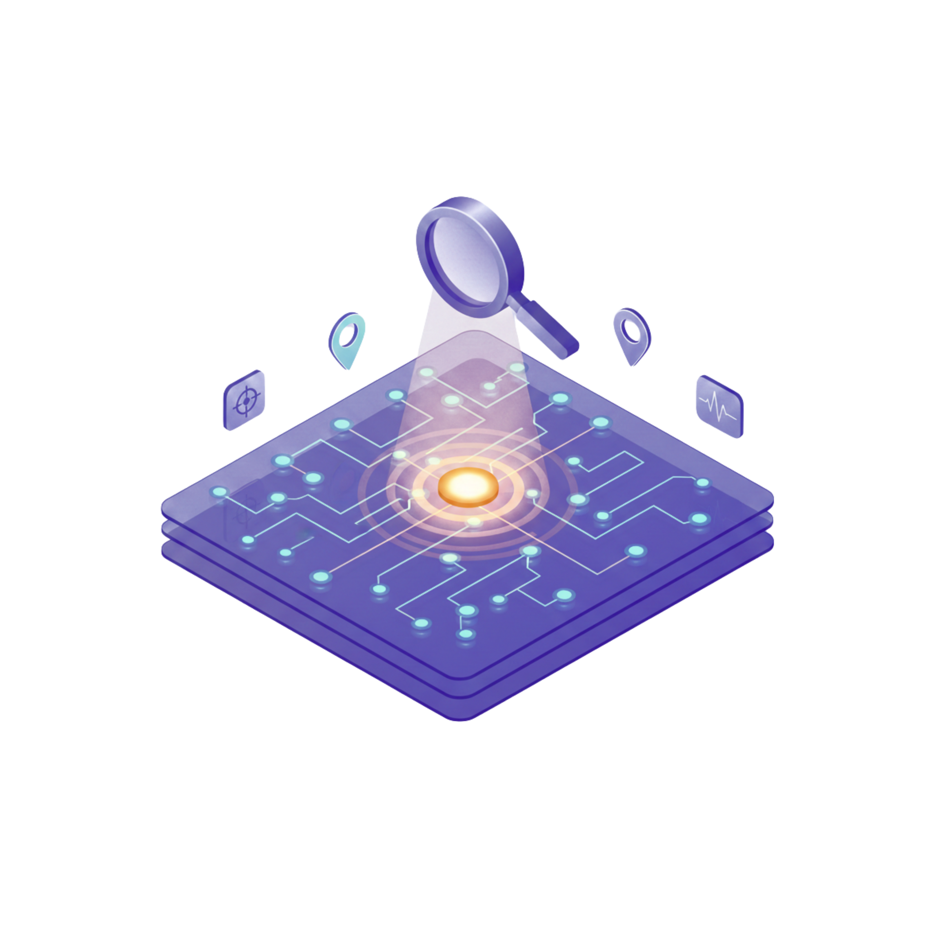 Magnifying glass over a circuit board with a bright central focus and location icons.