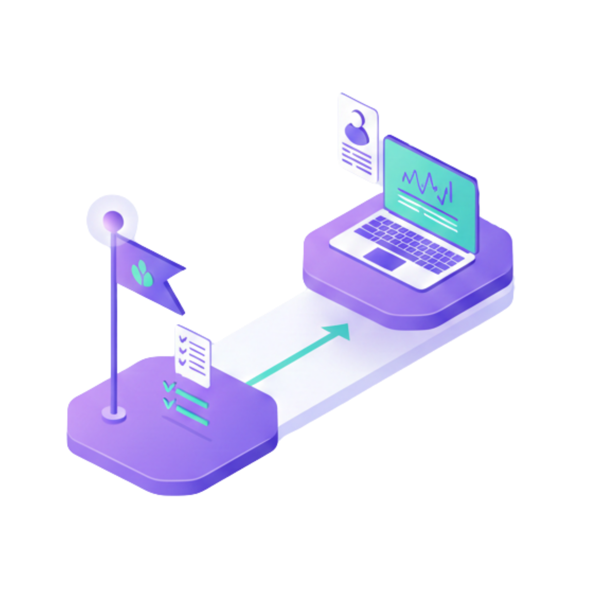 Isometric graphic: Checklist on a flag, leading to a laptop displaying data.