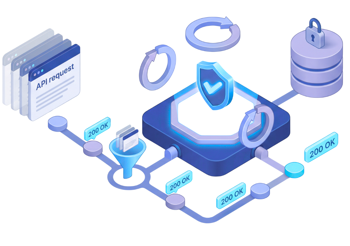 An isometric diagram showing data flow from a request through a secure filter and processor to a locked database.