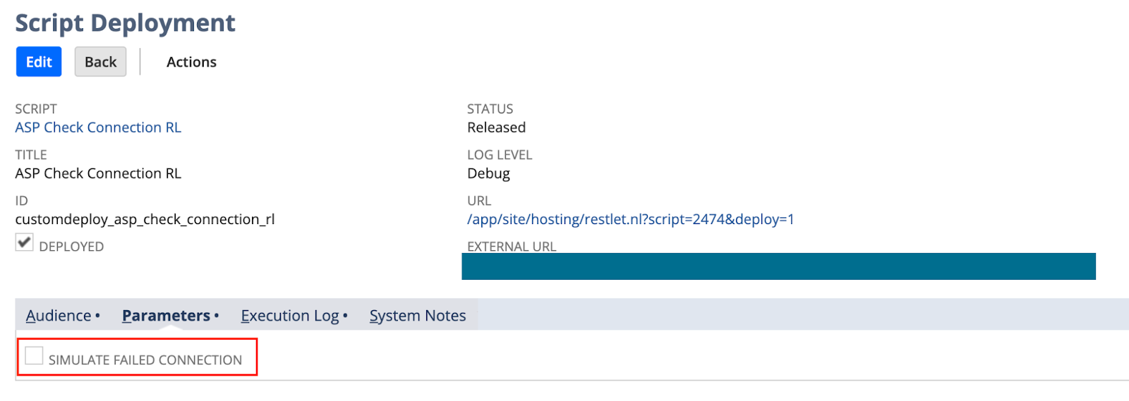 Script Deployment interface, showing script details, progress bar, and options for edit, back, and actions.