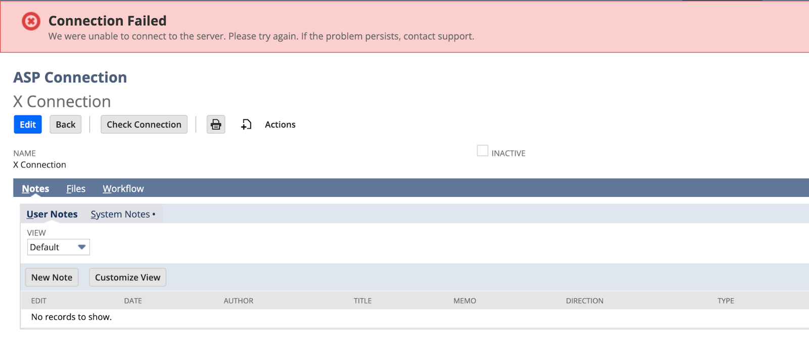 Error message: Connection Failed. AIP Connection details with metrics table.