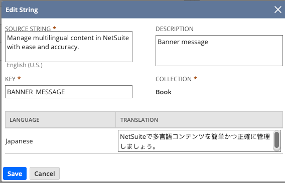 Edit String window showing source text, key, description, and Japanese translation.