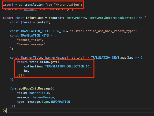 Code snippet showing JavaScript code with translation import and function calls, including keys and collection ID.