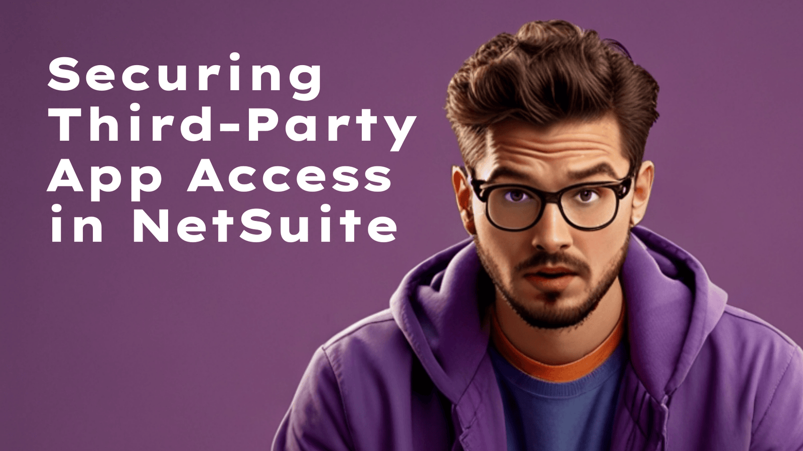 Man with glasses and surprised expression on purple background with text 