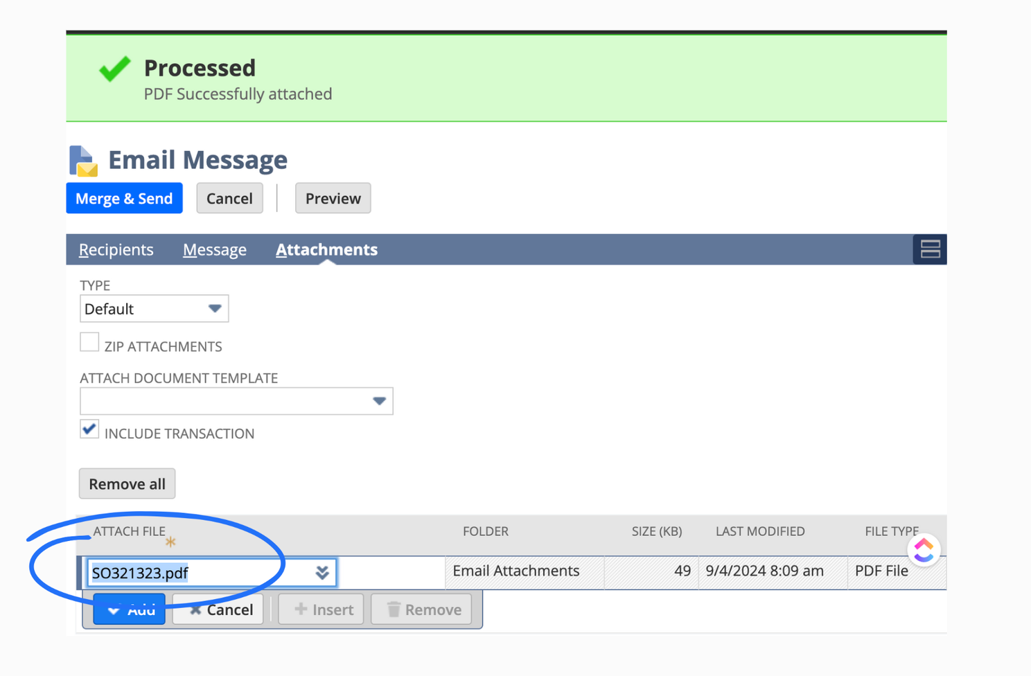 Screenshot of an email message with a PDF attachment. The attachment is circled.