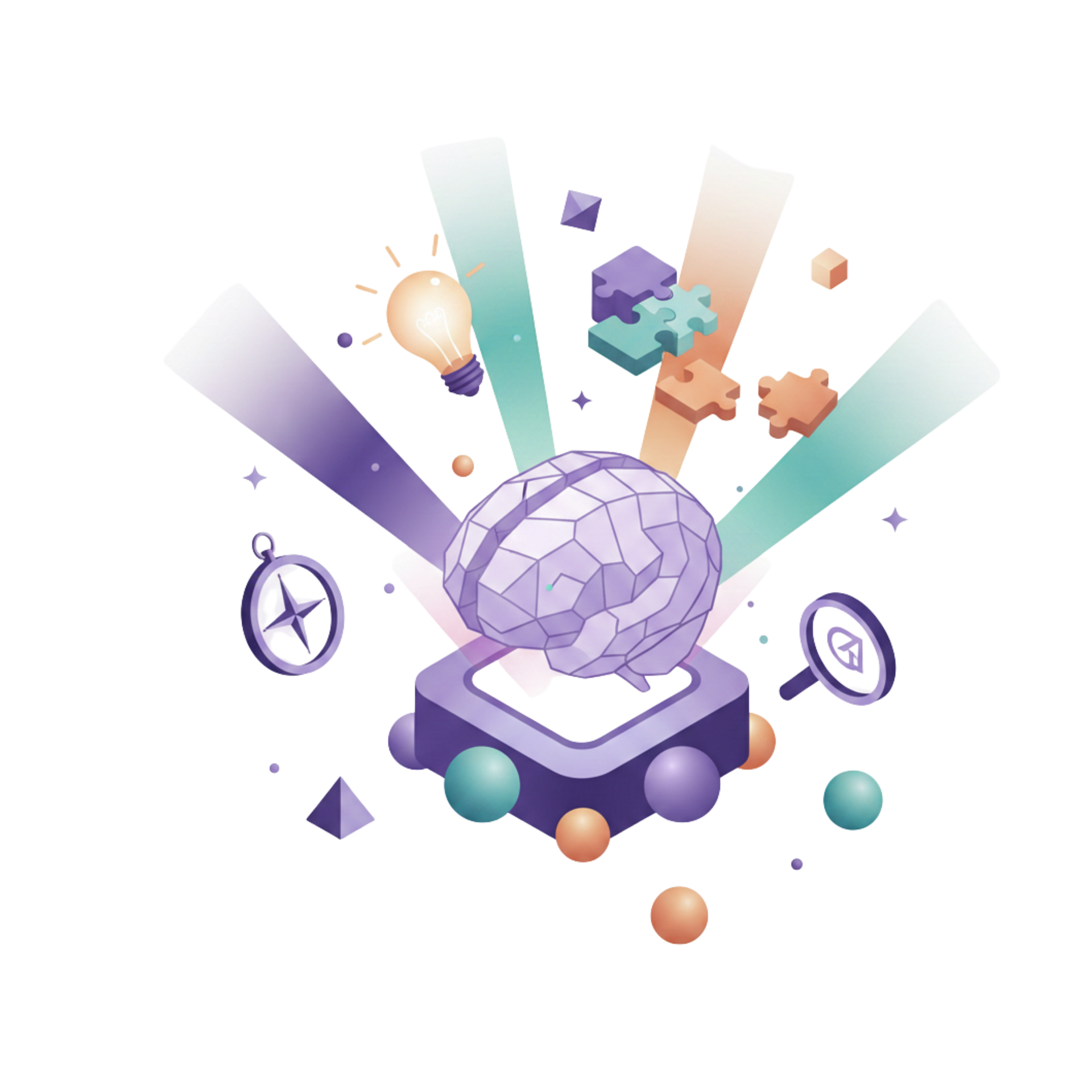 Brain emitting rays with puzzle pieces, lightbulb, compass, and magnifying glass. Purple, teal, and orange.