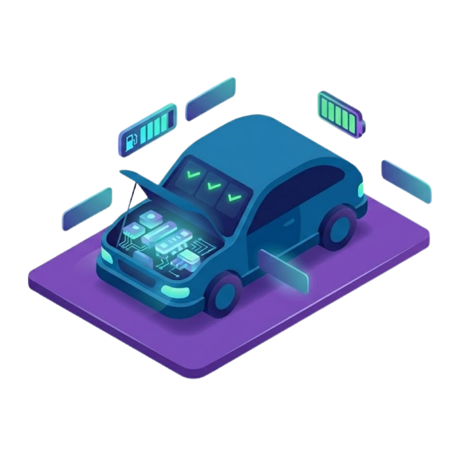 Isometric view of a blue car with the hood open, battery charging status indicators, and glowing engine.