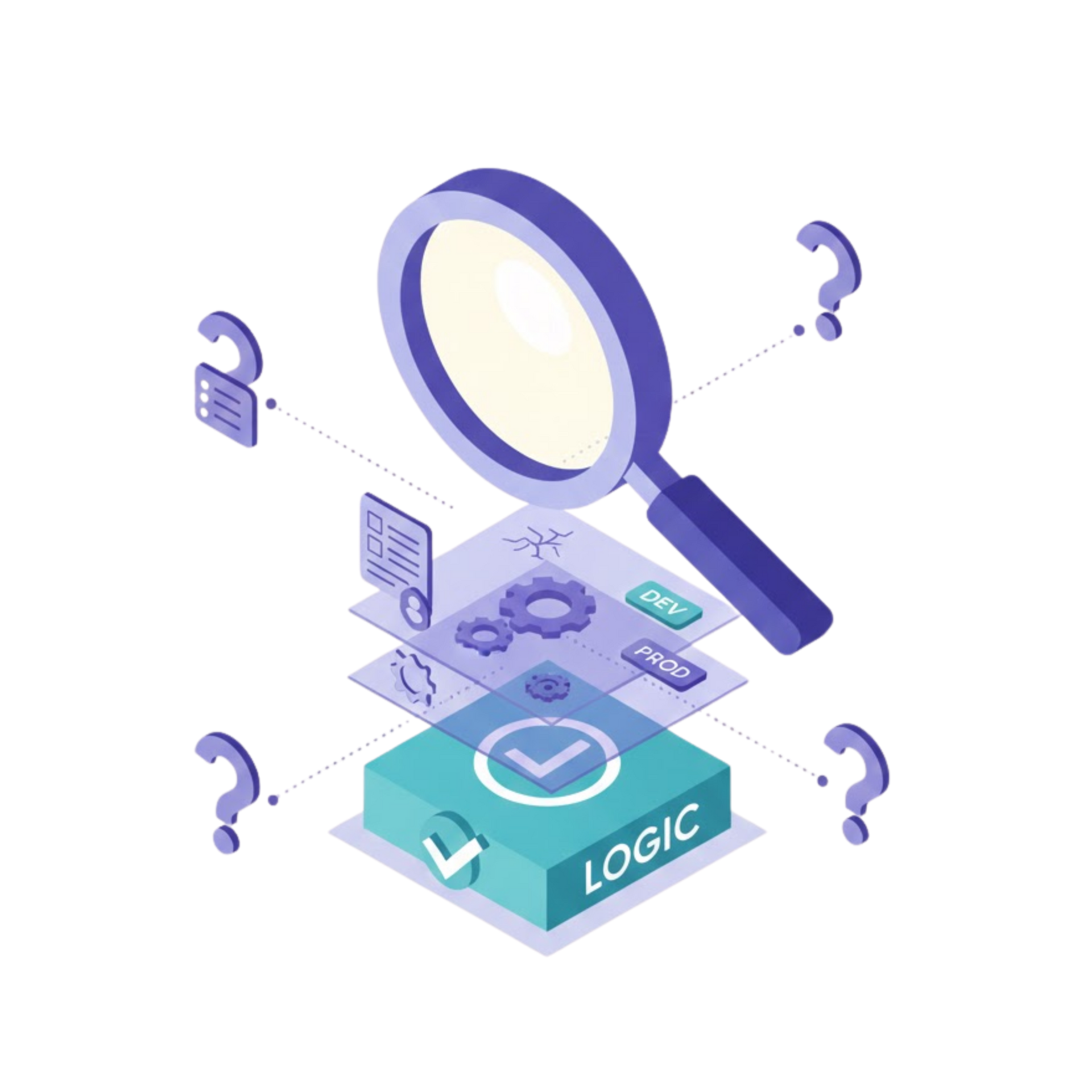 Isometric depiction of a database, API symbol, and a data center in a translucent purple and green box.