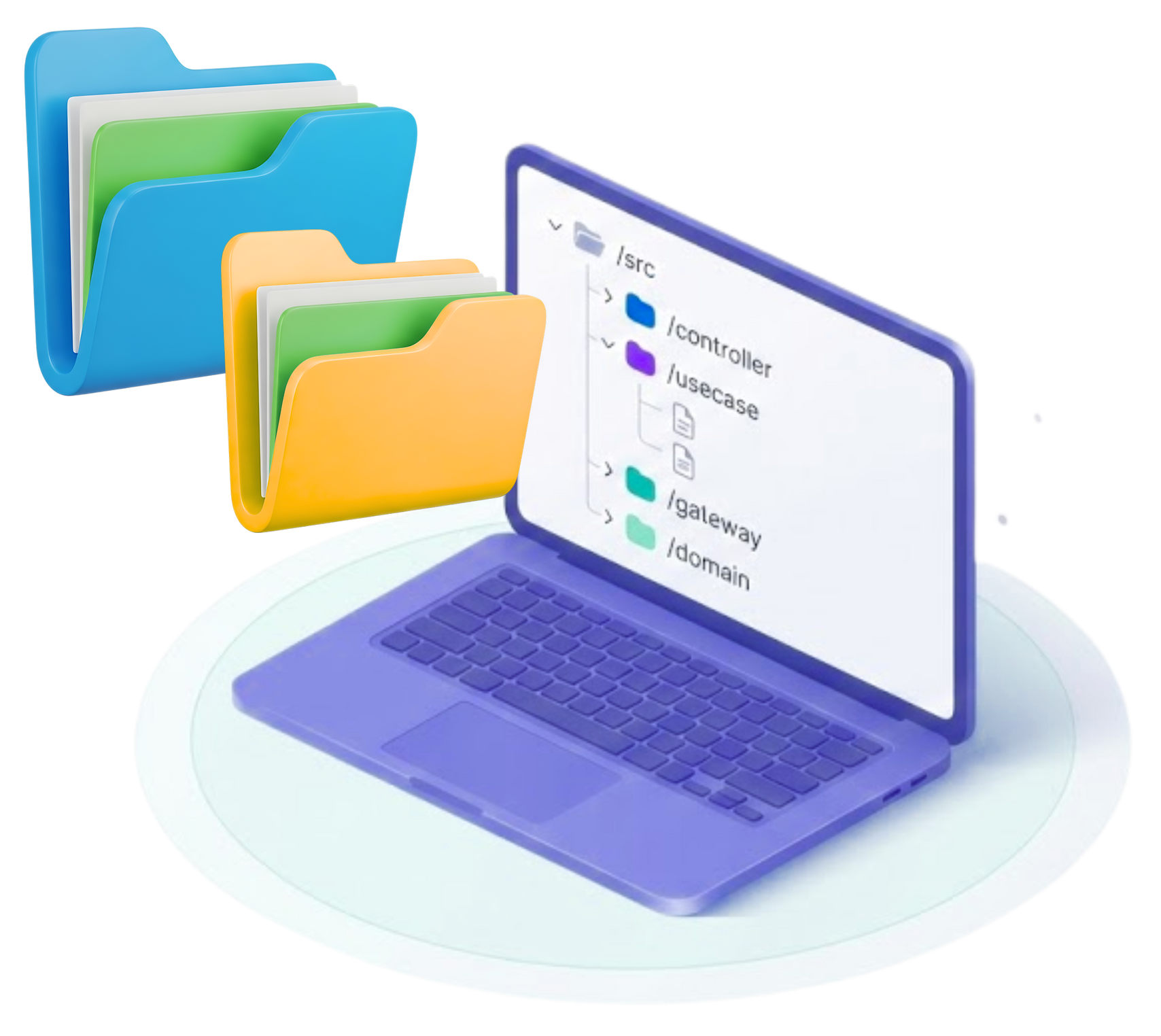Laptop displaying file directory, with colorful folders transferring data.
