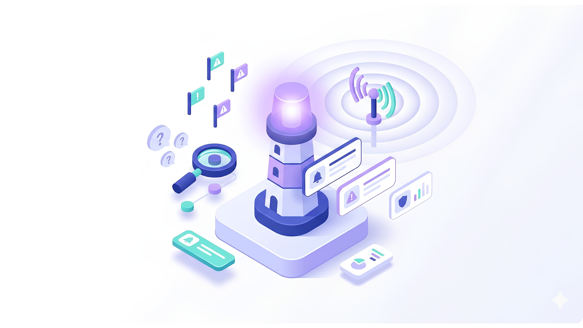 Futuristic isometric server with glowing purple beacon, floating UI panels, and small data icons on a white background
