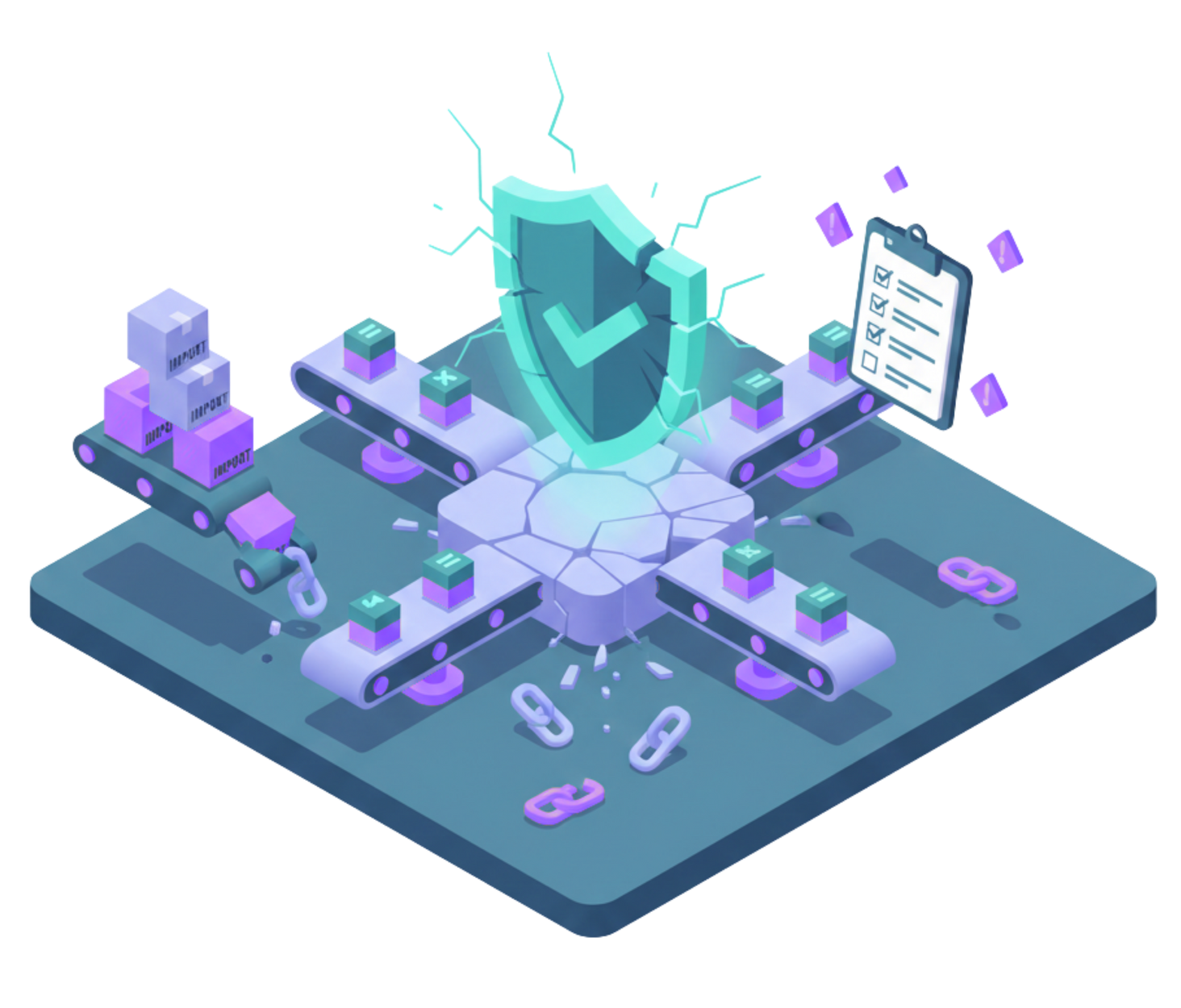 Isometric graphic of a blockchain with secure shield. Conveyor belts process data to a secure core, checklist, and connected chains.