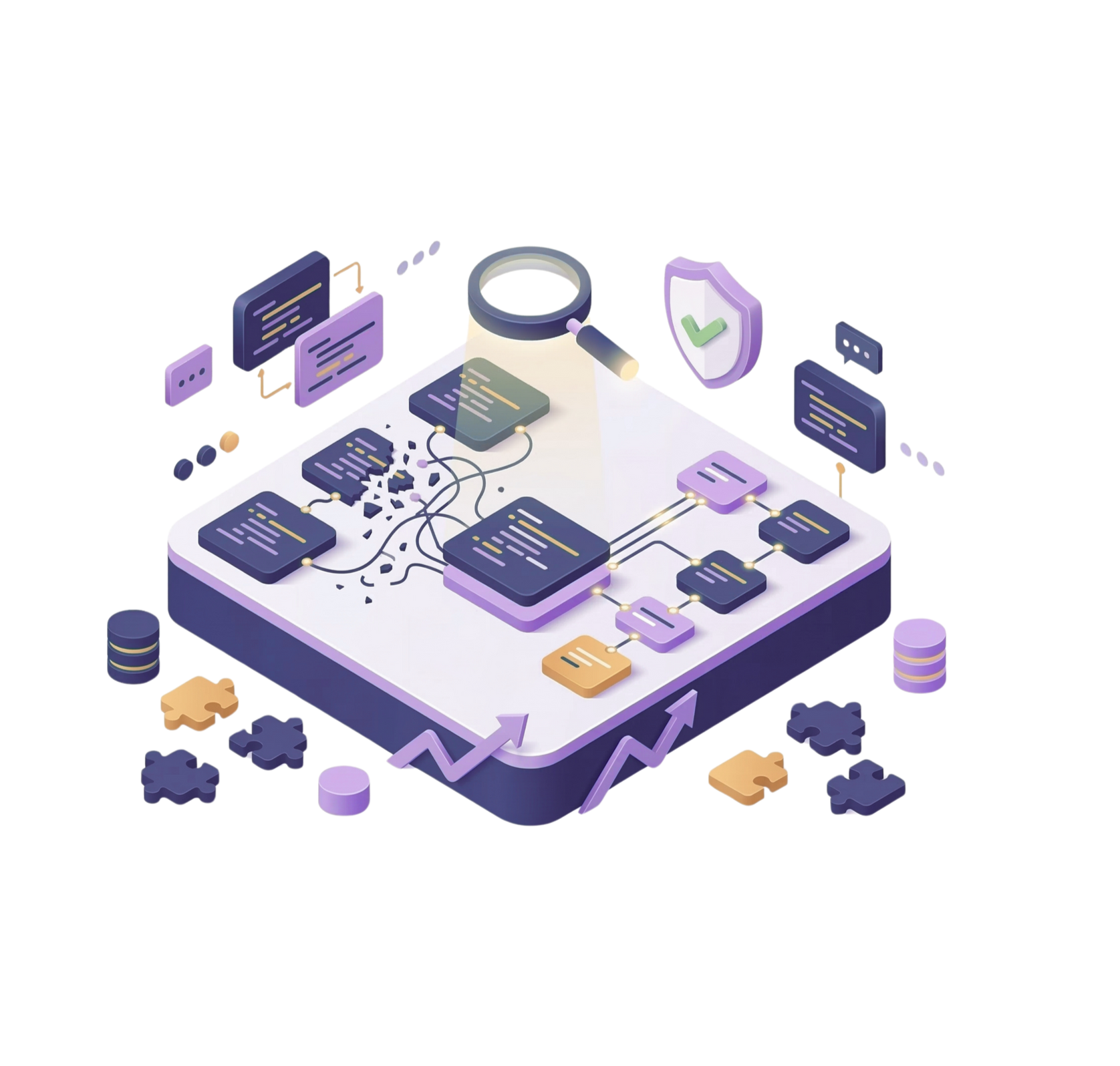 An isometric illustration of a data processing system with code blocks, a magnifying glass, and a shield icon in purple.